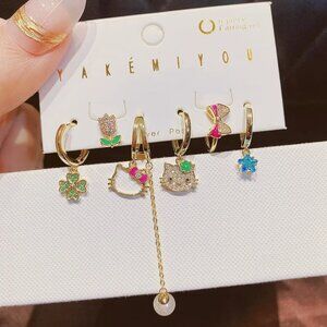 Hello Kitty Earrings 6 Piece Set Cubic Zirconia Gold Plated Dangle Bling